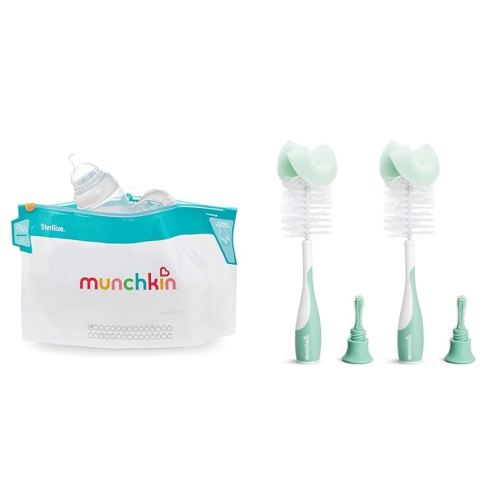 Munchkin® Sterilize™ Microwave Bottle Steam Sterilizer Bags, 30 Uses per Bag, 6 Pack & Sponge™ Bottle Brush, 2 Pack, Green