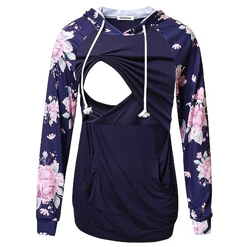 GINKANA Women's Nursing Hoodie Sweatshirt Long Sleeves Breastfeeding Maternity Tops Casual Clothes