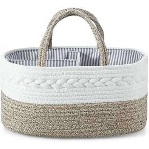 PandaEar Baby Diaper Caddy Organizer, Portable Nursery Storage Basket Cotton Rope Diaper Caddy for Baby Shower Gifts Newborn Infants -Brown