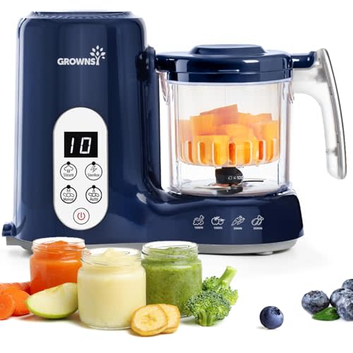 GROWNSY Baby Food Maker with Steam Basket, One Step Baby Food Processor Steamer Puree Blender Grinder Mills Machine, Auto Cooking Grinding and Sterili-zing for Healthy Homemade Baby Food, Dark Blue