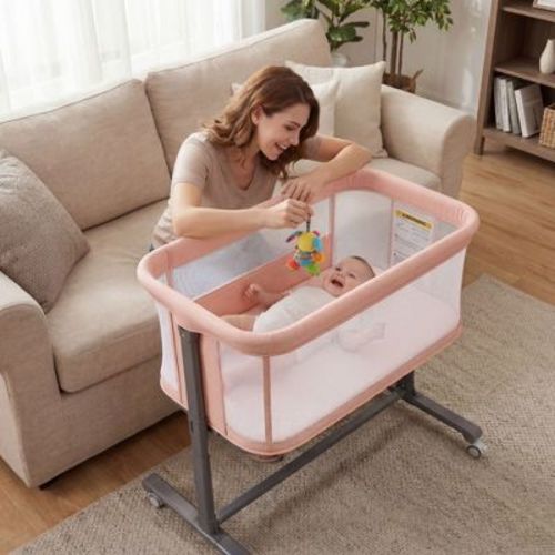TODECARE Baby Bassinet Bedside Sleeper, 2 in 1 Bedside Sleeper with Wheels, All-Sided Mesh Infant Travel Crib for Toddlers, Pink
