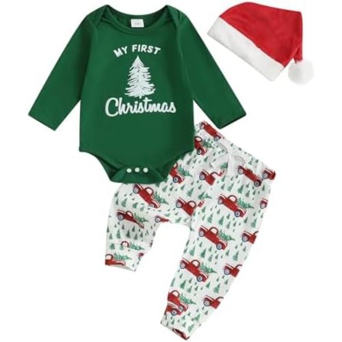 Newborn Baby Boy Christmas Outfit Letter Print Long Sleeve Romper Truck Pants Set My First Christmas Baby Boy Outfit