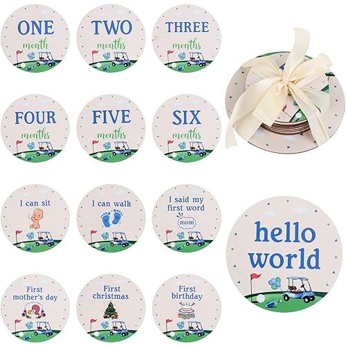 Funmemoir 13PCS Golf Baby Shower Wooden Monthly Photo Cards, Sports Theme Newborn Gift for Girls and Boys, Hello World Newborn Photo Booth Props for Golf Pregnancy Announcement Party Decorations