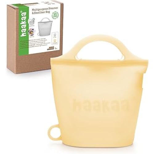 Haakaa Silicone Travel Microwave Steamer & Steriliser Bag, 30oz/900mlReusable Silicone Steaming Bags for Baby Small Items, Pacifiers, Teethers or Baby Cups, Great for Home and On-The-Go,Pineapple/1PC