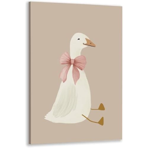 Pink Bow Silly Goose Canvas Prints Wall Art Posters - Cute Sage Green Nursery Decor - Farm Animal Printable Coquette Room Aesthetic - Girl's Room Goose Print 8x12inch Framed