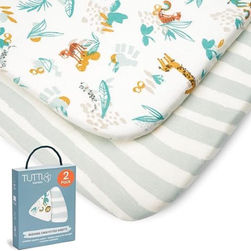 Tutti Bambini Premium Bassinet Sheets (2 Pack) - Soft & Breathable Bamboo Jersey, Double-Strength Bedside Sleeper Sheets, Fits Mattresses from 20.8 x 31.5 in to 23.6 x 35.4 in (Run Wild)
