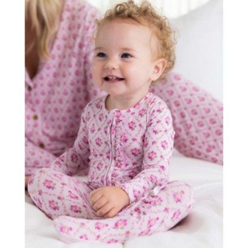 Lev Baby Girls' Bamboo Viscose Floral Trellis Ruffle Footie Pajama with 2-Way Zipper, Snug Fit - Blush