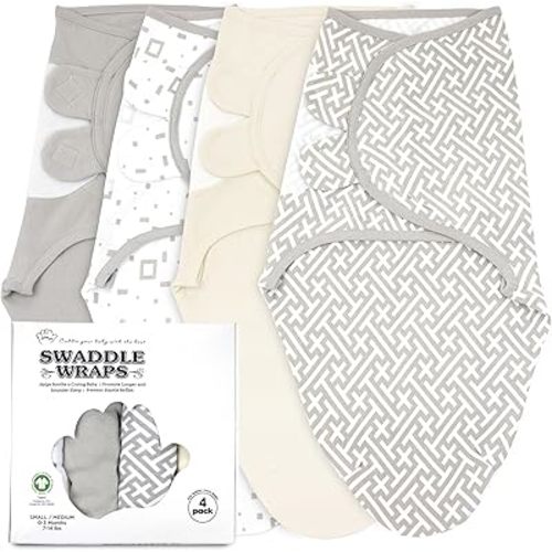 Bublo Baby Swaddles for Newborns – 4-Pack Infant Swaddles 0-3 Months – Adjustable Swaddle Sleep Sack – Soft Organic Cotton Baby Wrap for Safe & Cozy Sleep (Geometric Grey-Cream)