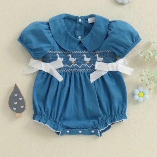 Baby Girls Embroidered Goose Short Sleeve Blue Romper Jumpsuit