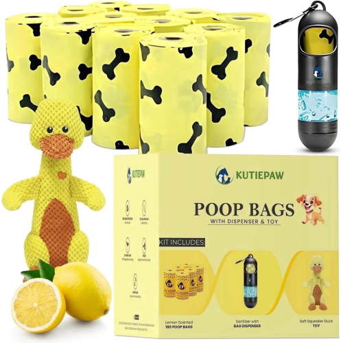Kutiepaw 180 Lemon Scented Biodegradable Poop Bags , Duck Plush Toy, Bag Dispenser with Sanitizer (Complete KIT)