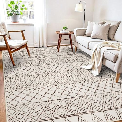 7x9 Area Rug for Living Room - Washable Rugs Moroccan Non-Slip Pet Friendly Stain Resistant Carpets for Bedroom Soft Low Pile Rug 7x9 Geo Beige