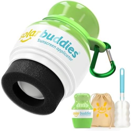 Solar Buddies Grab & Go Travel Bundle, Carabina Clip & Cleaning Brush - Single Full Green - Refillable Roll on Sponge Sunscreen, Suncream & Lotion Applicator For Kids, Adults & Families - Holds 100ml