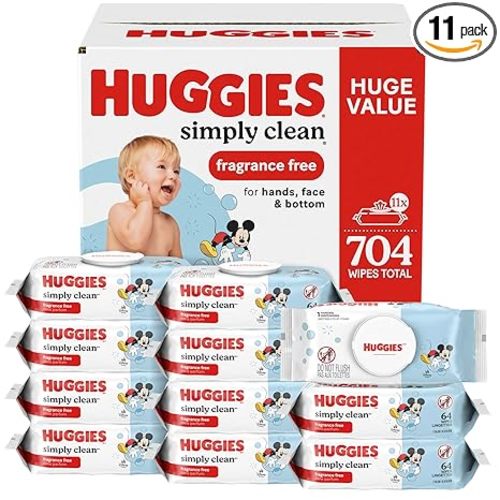 Huggies Simply Clean Unscented Baby Diaper Wipes, 11 Flip-Top Packs (704 Wipes Total), Packaging May Vary