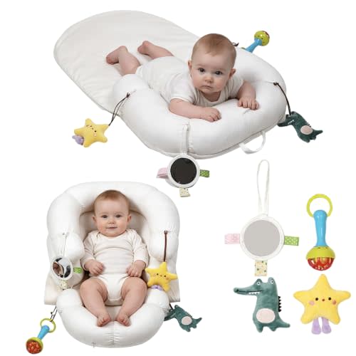 2-in-1 Tummy Time Baby Mat & Seated Support Cushion，Tummy Time Cushion | Play Mat & Sitting Support Prop and Toys for Newborn 0-12 Months, Infant Baby Sit Me Up Floor Seat