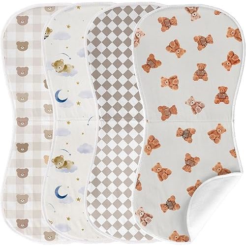 4 Pack Teddy Bear Baby Burp Cloths for Boy Girl, Muslin Burp Cloths Soft Absorbent Bear Nursery Decor Unisex Baby Burping rag Newborn, 19 x 9 Inches