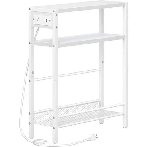 HOOBRO Small Narrow Side Table with Charging Station, Skinny End Table for Small Spaces, Slim Nightstand with USB Ports Outlet, Sofa Beside Table with Storage Shelf, White WT102UBZ01