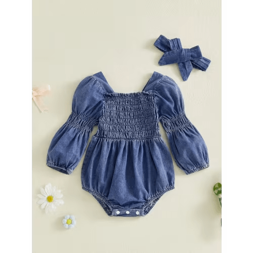 set 2pcs including a casual solid color denim romper smocked - Temu