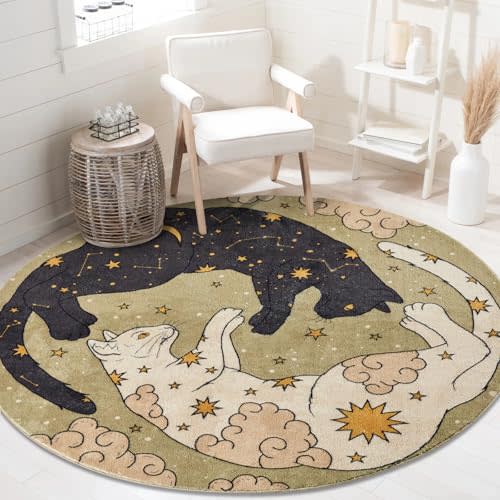 Estmy Washable Mystical Cat Rug, Vintage Retro Abstract Celestial Zodiac 6ft Around Area Rugs for Bedroom Dining Living Room Dorm Entryway Kitchen, Thin Pile Bohemian Cute Animal Circle Carpet