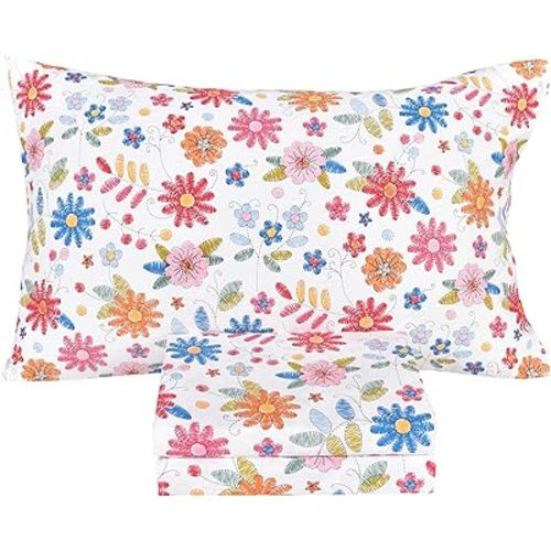 Scientific Sleep Cartoon Floral Flowers 100% Cotton 3 Pcs Twin Bed Sheet Set Kids Toddler Teen, Flat Sheet & Fitted Sheet & Pillowcase Girls Bedding Set (Colorful Flower, Twin)