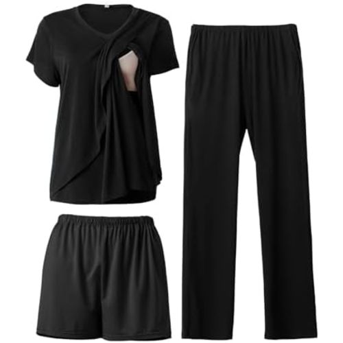 Rnxrbb 3 PCS Nursing Pajamas Set Postpartum Pjs Breastfeeding Sleepwear for Women Double Layer with Pockets