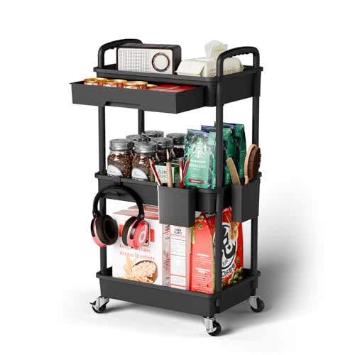Sorgion 3 Tier Rolling Cart Organizer,Laundry Room Bathroom Organizers and Storage Office Shelves Mobile Shelving Unit Kitchen Trolley Cart with Wheels for Art,Craft,Diaper,Bedside,Snack(Black)
