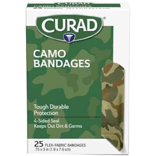 CURAD Green Camo Flex-Fabric Adhesive Bandages, 0.75 x 3 Inches, Box of 25