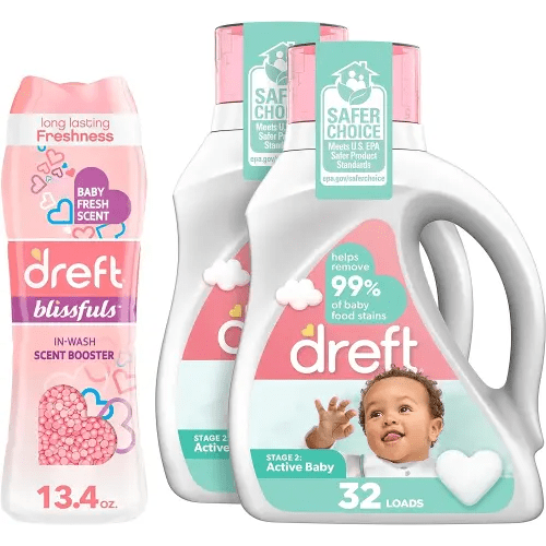 Bundle of Dreft Stage 2: Laundry Detergent Liquid Soap, 64 Total Loads (Pack Of 2) + Dreft Blissfuls In-Wash Scent Booster Beads, Baby Fresh, 13.4 oz