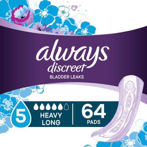 Always Discreet Incontinence Pads for Women, Heavy Absorbency, Long Length, 64 Count