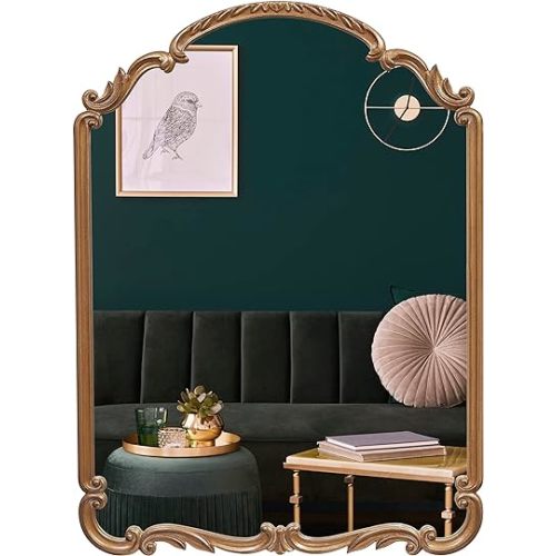 English Estate - Espejo de pared de madera con arco tallado, espejo para entrada, sala de estar, baño, oro antiguo, 22 x 30 pulgadas