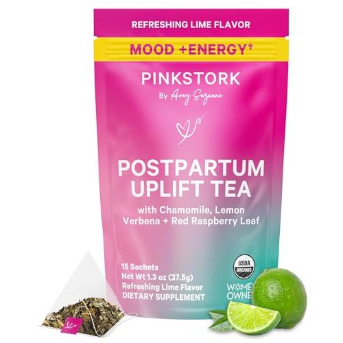 Pink Stork Postpartum Uplift Mood Support Tea: Hormone Balance for Women After Pregnancy, Chamomile Tea with Red Raspberry Leaf for Postpartum Recovery - Postpartum Essentials - Caffeine-Free, 15 Sachets