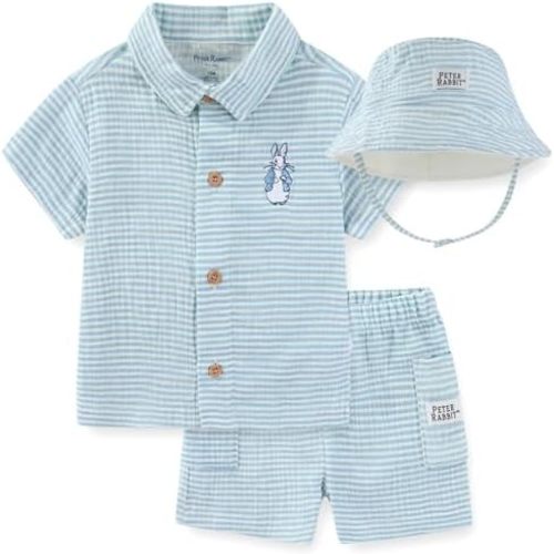 Peter Rabbit Baby Boys Gauze Button Down Shirt and Short with Bucket Hat 3 Piece Outfit Set for Infant