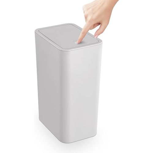 TrashAid Bathroom Trash Can with Lid, 2.6 Gallon / 10 Liter Small Garbage Can with Press Top Lid, Plastic Wastebasket with Pop-up Lid for Toilet, Office, Bedroom, Living Room, Grey