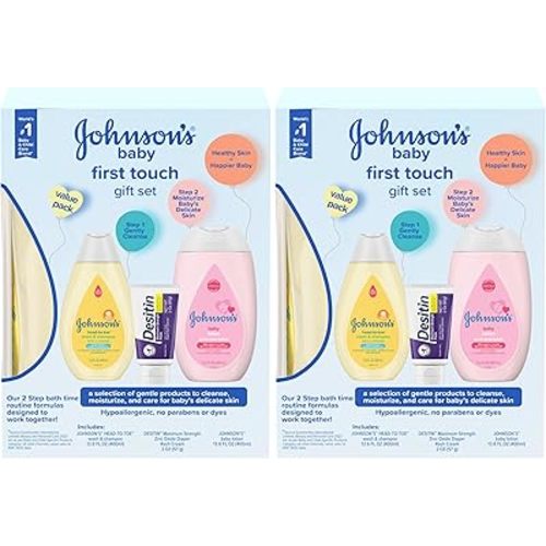 Johnson's First Touch Baby Gift Set, Baby Bath, Skin & Hair Essential Products, Kit for New Parents with Wash & Shampoo, Lotion, & Diaper Rash Cream, Hypoallergenic & Paraben-Free, 4 items (Pack of 2)
