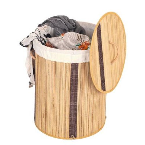 Wickerwise Round Coconut Stick Collapsible Waterproof Laundry Hamper with Lid and Handles for Organizer, Clothes, Toy Durable Folder Washing Bin