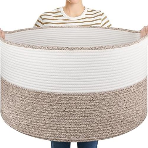 Large Blanket Basket with Handles, 22.8" x 22.8" x 13" Woven Storage Basket for Living Room, Cotton Rope Baby Toy Storage for Clothes, Pillows, Towels-Brown & White