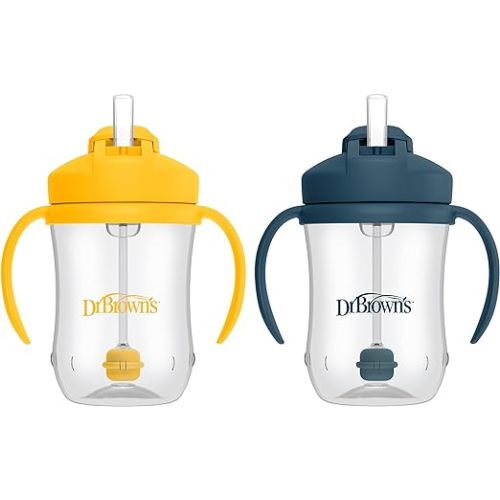 Dr. Brown's Milestones Baby's First Straw Cup, Training Cup with Weighted Straw, 9oz/270mL, Dark Blue/Vintage Yellow, BPA Free, 6m+, 2 Pack