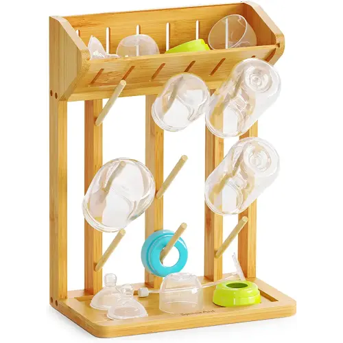 SpaceAid Bamboo Baby Bottle Drying Rack, Space Saving Kitchen Bottles Holder Organizer for Baby Bottle Rack Dryer Storage Accessories (Natural, 9 Bottles)