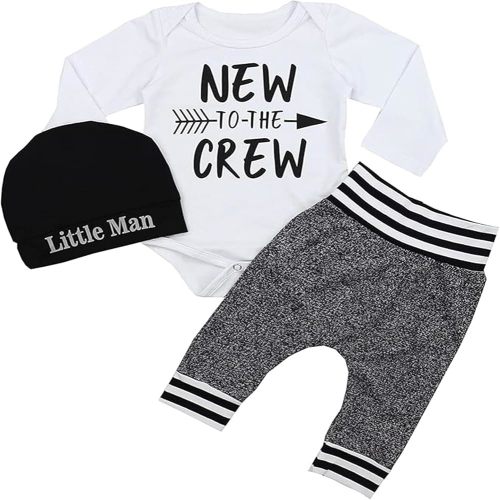Baby Boy Clothes 0-3 Months Baby Clothes Boy New to The Crew Print Romper Pants Hat 3PCS Baby Boy Outfits White
