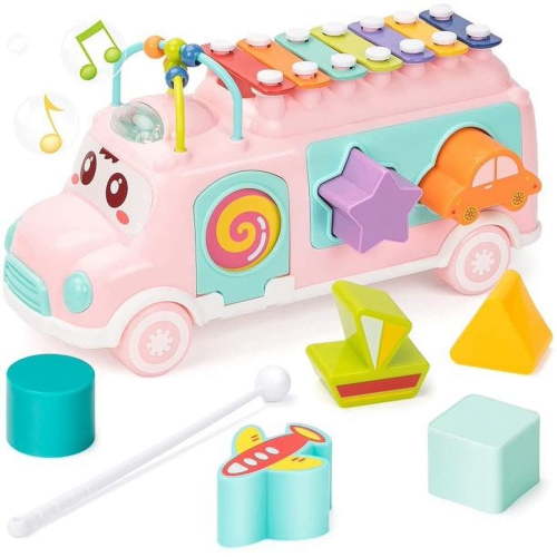 Piano Music Bus Baby Toys for 1-3 Years Old, Shape Puzzles Knocking Piano Toys Educational Gifts for 1 Year Old Boy Girl, Pink