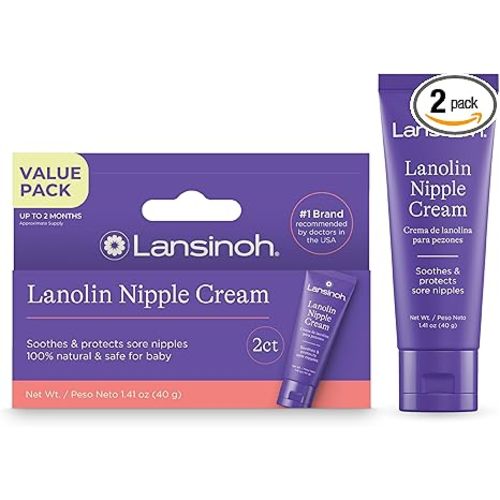 Lansinoh Lanolin Nipple Cream Safe for Breastfeeding Baby, 100% Natural Nipple Butter for Mom, Breastfeeding Essentials, 1.41 Ounces (2 Pack)