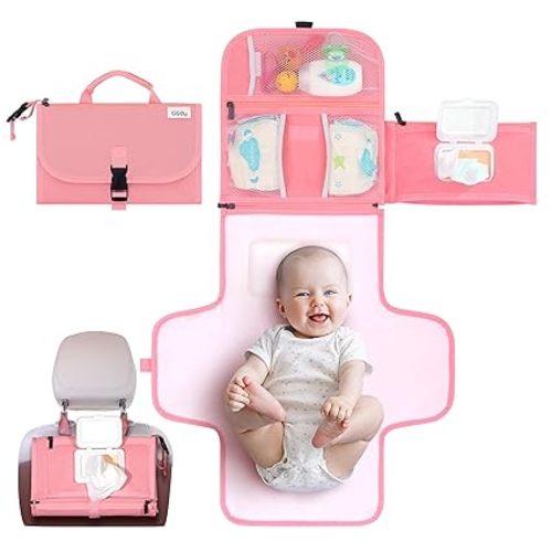 Kopi Baby Portable Diaper Changing Pad with Wipes Pocket, Premium Pink | 22-In Waterproof Pad, Reversible Wipes Pocket, 1 Zipper Pocket, 2 Large Pockets, Extra Inner Pocket, Built-In Pillow, Straps
