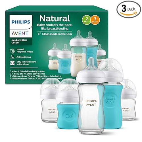 Philips Avent Natural Glass Newborn Gift Set, 5 Bottles, 2 Silicone Sleeves