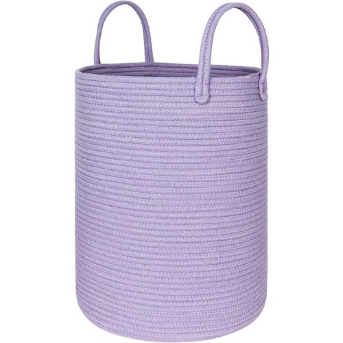 Purple Woven Laundry Basket, 15"x18" Large Cotton Rope Storage Basket for Blankets Pillows Toys, Decorative Baby Nursery Clothes Hamper for Living Room Bedroom, Kids Tall Luandry Hamper