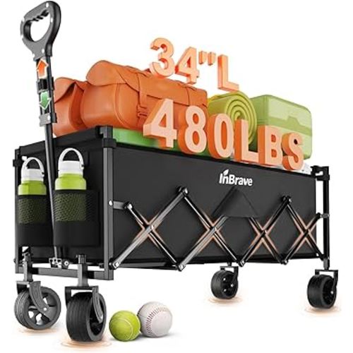 Extra Long Collapsible Wagon Cart, 480LBS Heavy Duty Utility Wagons with All-Terrain Wheels, Foldable Grocery Carts for Gardening, Shopping, Beach, Camping, Black