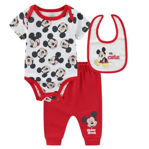 Disney Mickey Mouse Baby Boys Bodysuit with Bib and Pants 3 Piece Set for Newborn Infants