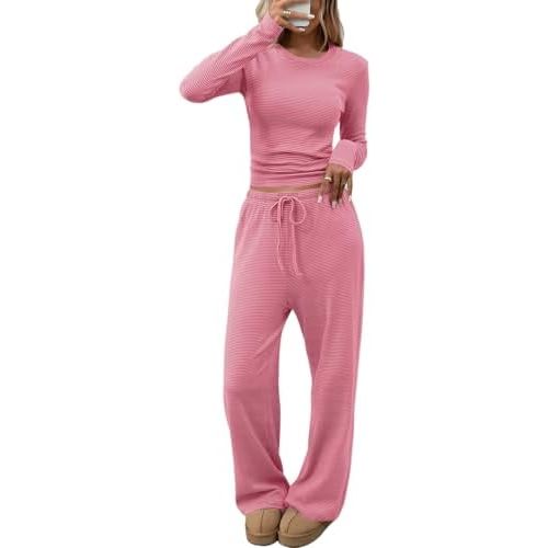 CHYRII Womens Two Piece Sets Fall Fashion Striped Long Sleeve Tops Wide Leg Palazzo Pants Outfits Loung Sets