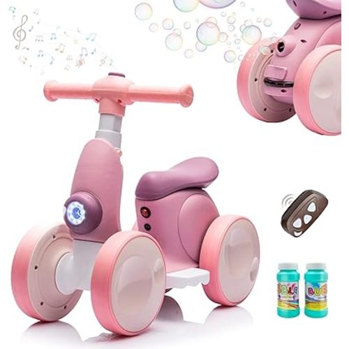 6V Electric Baby Balance Bike with Bubble Machine,4 in 1 Toddler Balance Bike w/Remote for 1 Year Old Boys Girls Kids Bubble Bike Ride on Toys w/Powered Motor,Music,LED Lights (Purple)