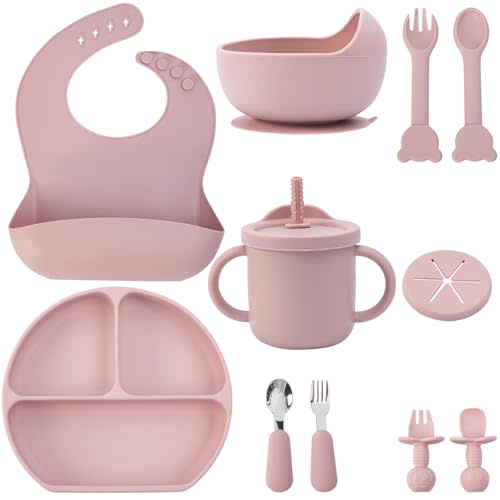 Baby Feeding Set, 13PCS Silicone Baby Self Feeding Set, Toddler Led Weaning Utensils Set with Suction Bowl and Plate, 3 Set of Baby Spoon and Fork, Adjustable Bid, Sippy Cup with Straw and 2 Lids