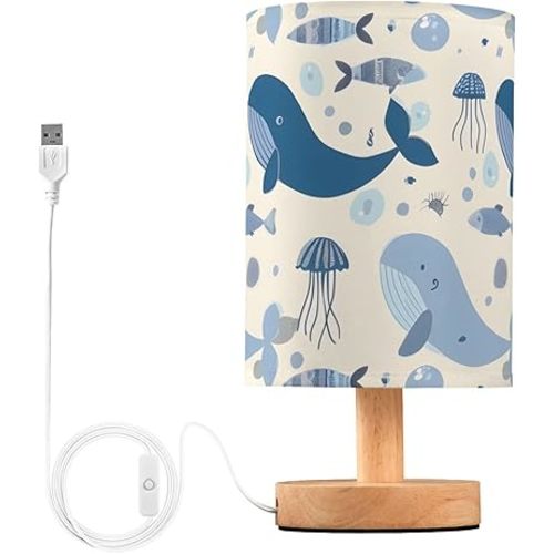 Bedside Table Lamp Whales Jellyfish Blue Ocean Table Lamp for Bedroom Nightstand Lamp with USB Port LED Desk Lamp Shade Living Room Dorm Office