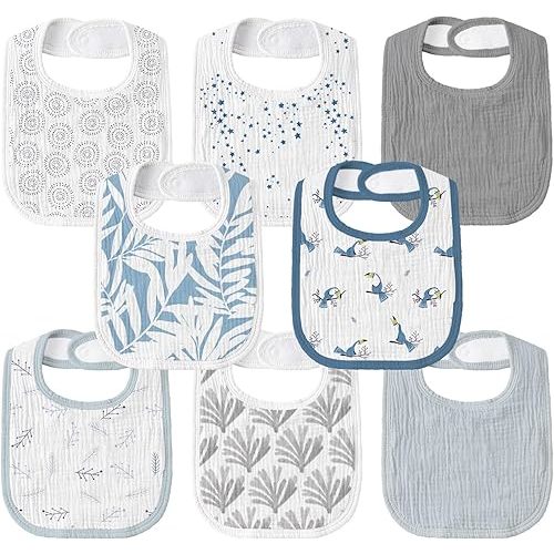 GLLQUEN BABY Muslin Drool Bibs for Boys Girls 8 Pack, Adjustable Baby Bibs for Drooling and Teething, Soft Cotton Baby Bandana Bib for Newborn Feeding Essentials (Toucan)